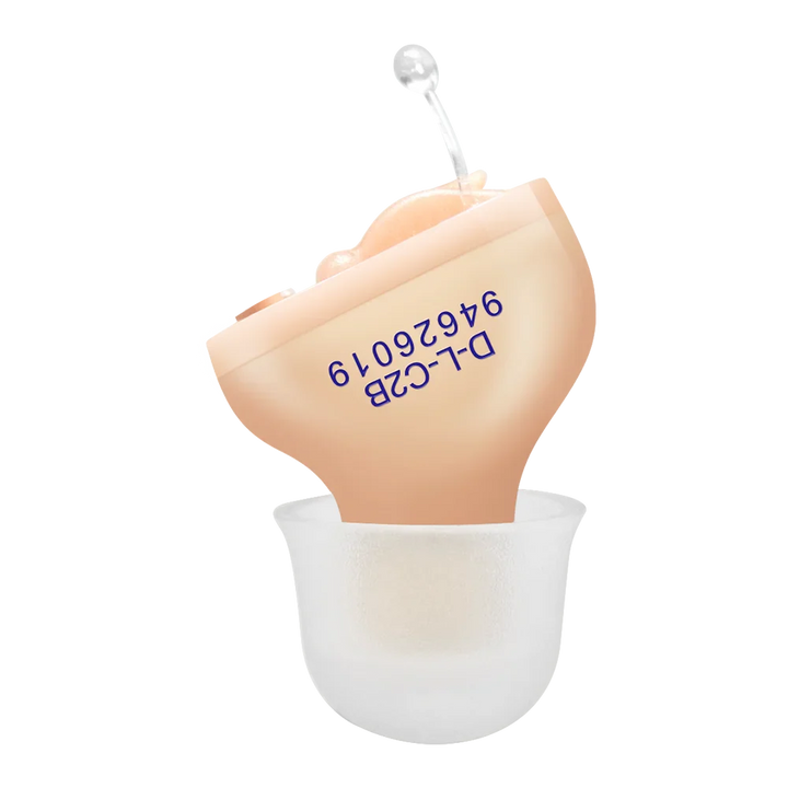 "Oplaadbare hoortoestellen, blauw en huidskleur, discreet design voor dagelijks gebruik, superieure geluidskwaliteit."