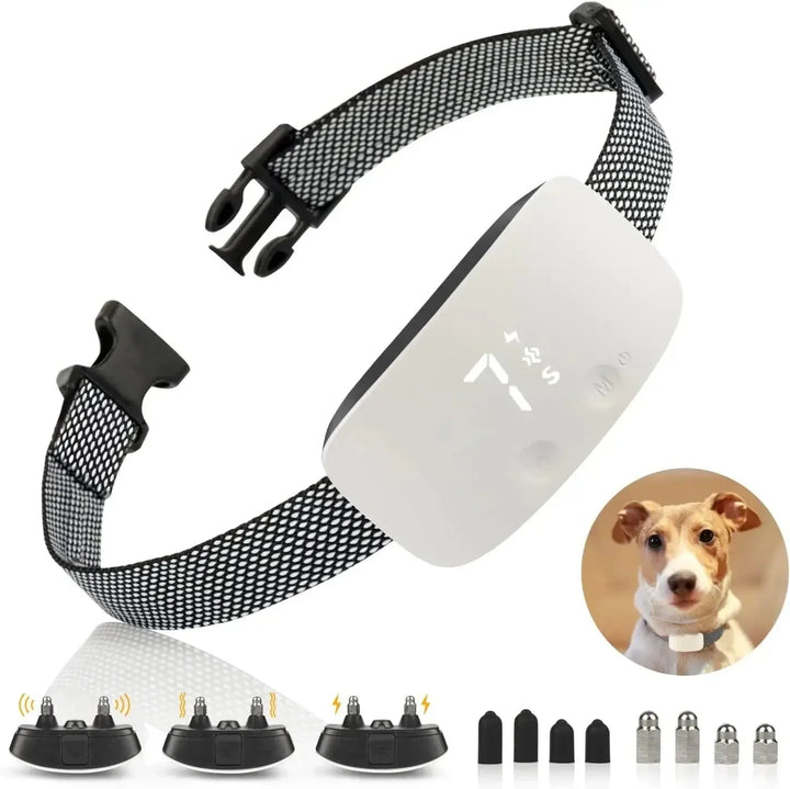 Detail van de automatische anti-blaf trainingshalsband met instelbare modi; ideaal voor hondentraining.
