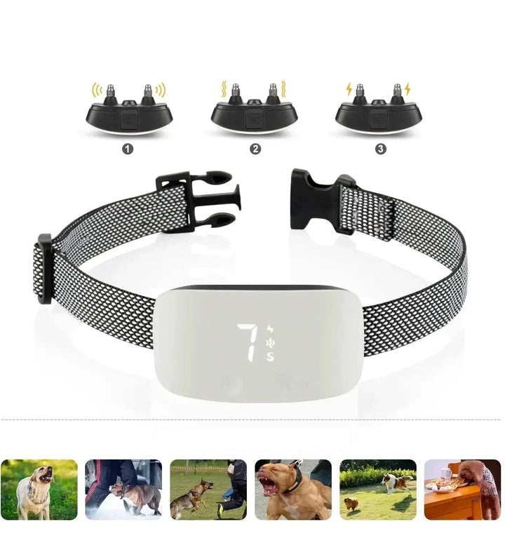 Oplaadbare anti-blaf hondenhalsband met USB-oplaadkabel; klaar voor langdurig gebruik en training.