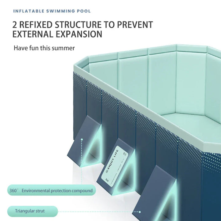 "Opvouwbaar kinderzwembad, stevig PVC, geen opblazen, antislip bodem, eenvoudig op te zetten, geschikt voor meerdere kinderen