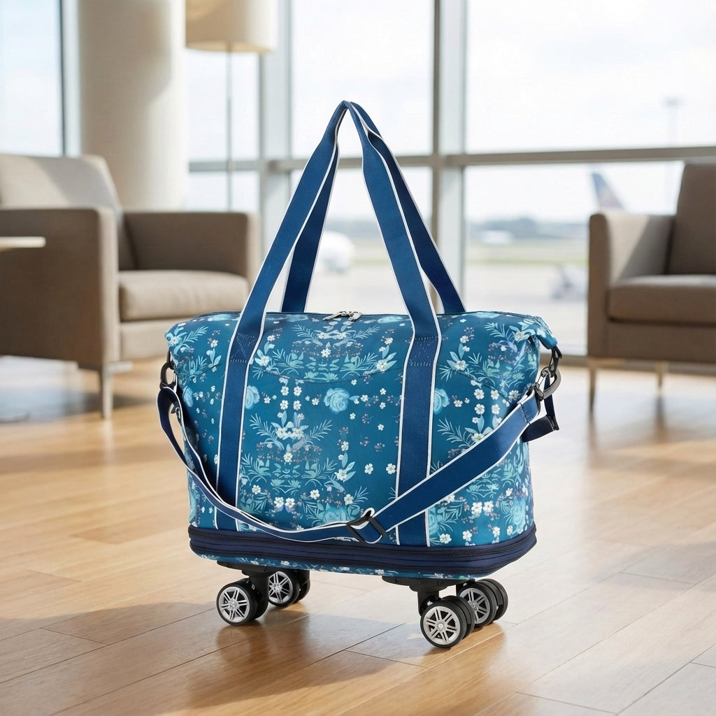 Opvouwbare rolduffel reistas met wielen voor compact reisgemak; ideaal als handbagage of weekendtas.