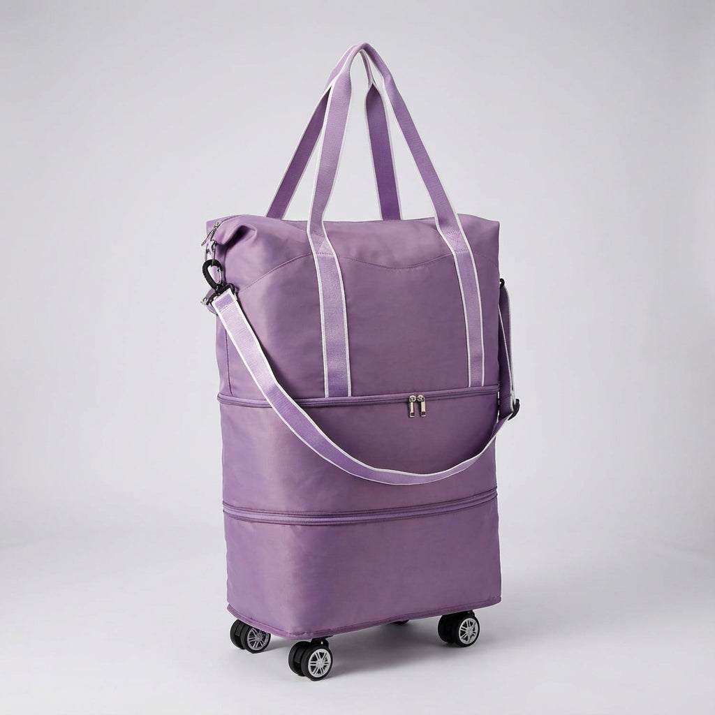Compacte opvouwbare rolduffel met wielen, waterbestendig, ideaal voor reizen en dagelijks gebruik.