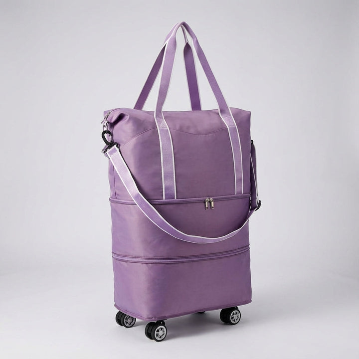 Compacte opvouwbare rolduffel met wielen, waterbestendig, ideaal voor reizen en dagelijks gebruik.
