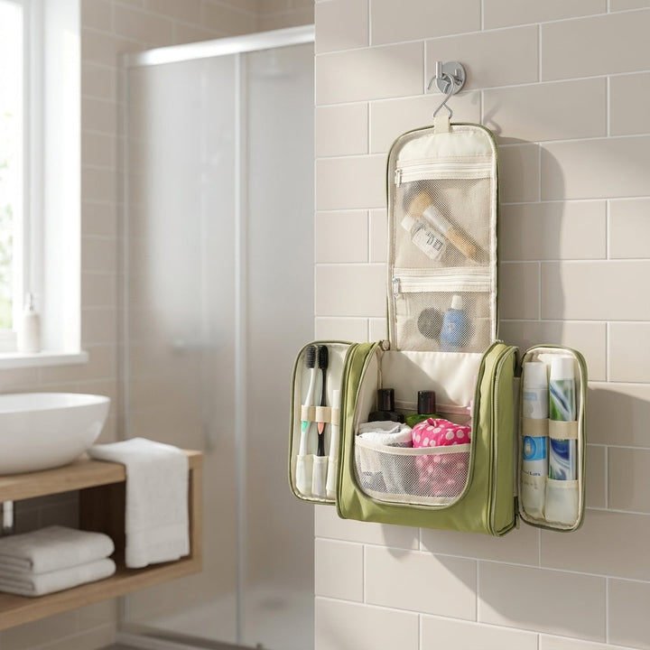 Opvouwbare toilettas TrailTidy met haak voor georganiseerde reis; compacte badkamer organizer.