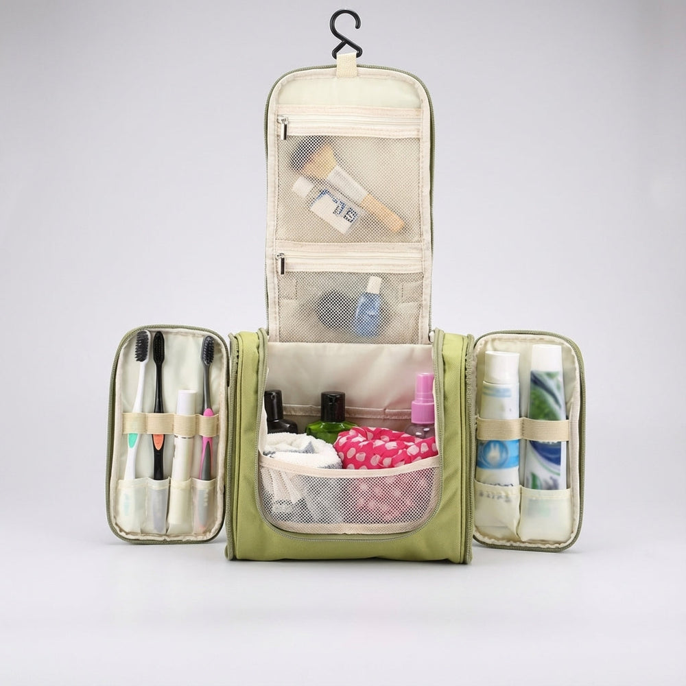 Compacte opvouwbare reistoilettas met slimme organizer vakken en ophanghaak; ideaal voor bagage.
