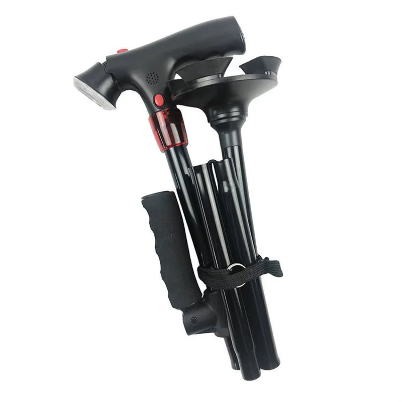 "Opvouwbare wandelstok met LED, compact, lichtgewicht en verstelbaar, met ergonomisch handvat voor extra stabiliteit."