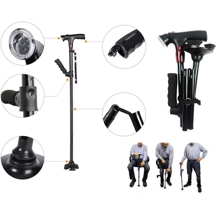 "Opvouwbare wandelstok met LED, compact, lichtgewicht en verstelbaar, met ergonomisch handvat voor extra stabiliteit."