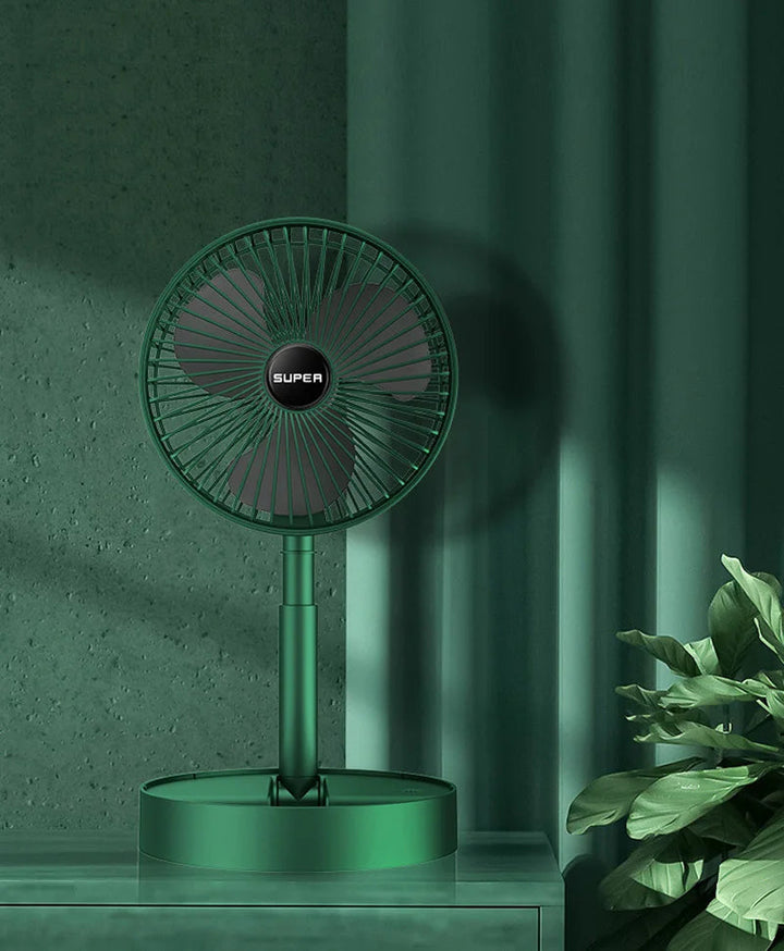 "Opvouwbare witte USB tafelventilator, stil en krachtig voor bureau, compact en eenvoudig opvouwbaar, USB-oplaadbaar."