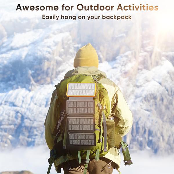 "Opvouwbare zonne-powerbank, robuust en waterdicht, met dubbele USB-poorten en hoogrendement zonnepanelen."