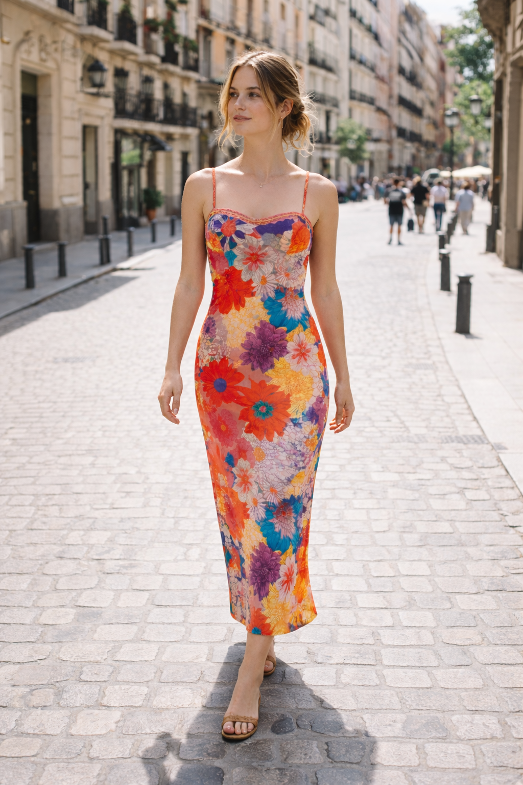 Trendy damesskleding: oranje maxi-jurk met bloemenprint en dunne bandjes, veelzijdig en elegant.
