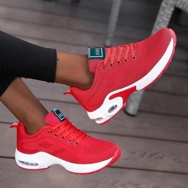 Orthopedische dames sneakers in rood, ademend materiaal, comfortabele loopzool, stijlvol en pijnverlichtend, Walkers.