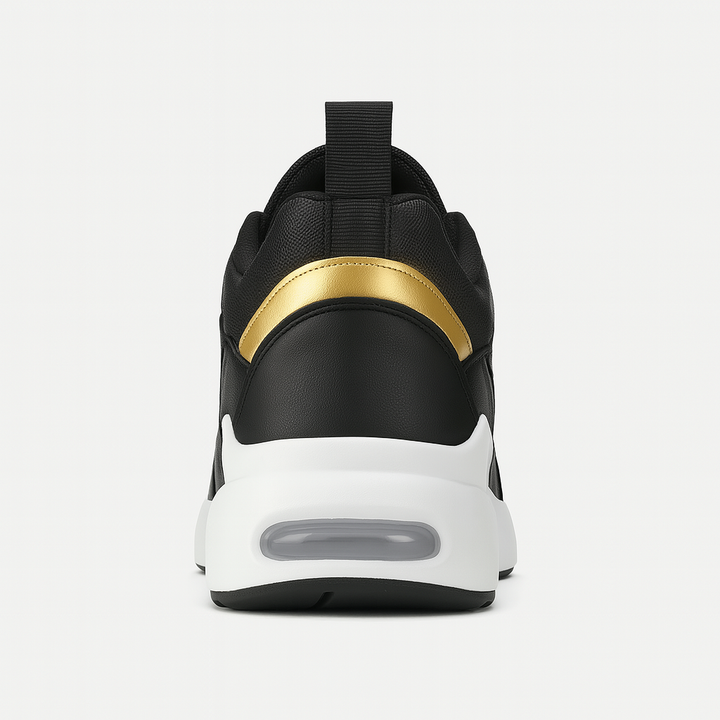 "Orthopedische damessneakers met voetboogondersteuning, ademend mesh en suède, anti-slip zool in zwart en beige."