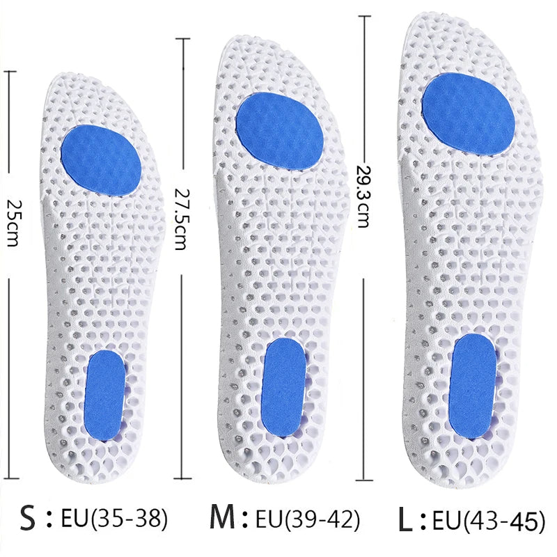 Premium gel inlegzolen; maximale demping en voetboogondersteuning voor comfort en schokabsorptie.