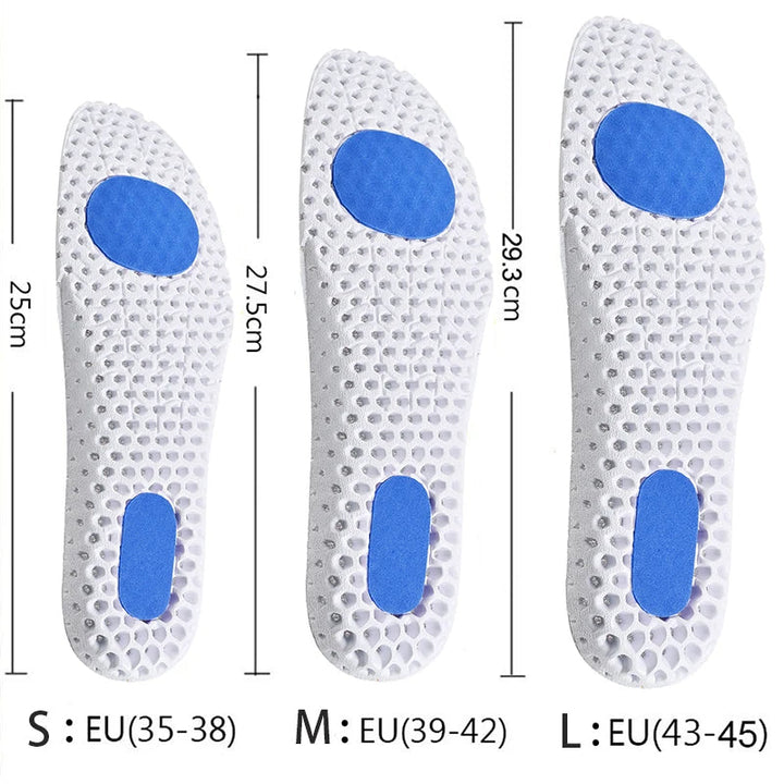 Premium gel inlegzolen; maximale demping en voetboogondersteuning voor comfort en schokabsorptie.