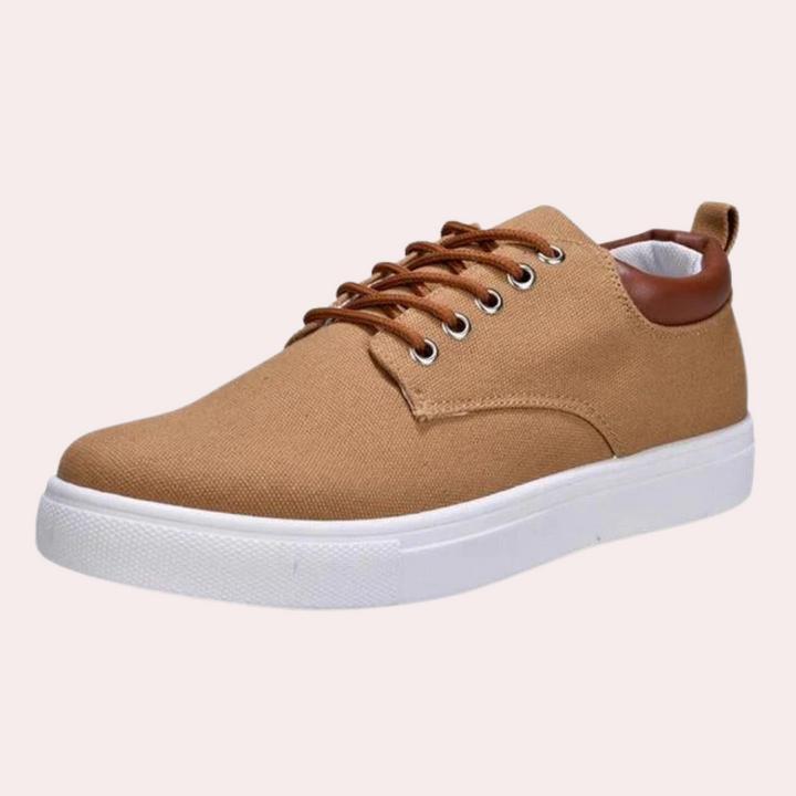 Orthopedische heren sneakers in khaki, zijkant weergave, robuust design, ideaal voor comfort en stijlbewuste mannen.