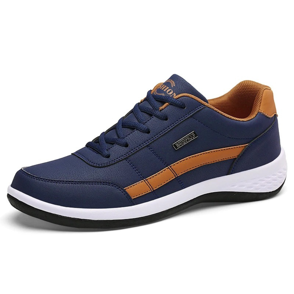 "Orthopedische heren sneakers van leer, luxe en stijlvol in blauw, voor dagelijks comfort en ondersteuning."