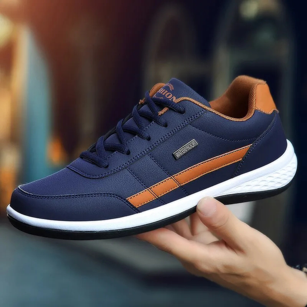 "Orthopedische heren sneakers van leer, luxe en stijlvol in blauw, voor dagelijks comfort en ondersteuning."