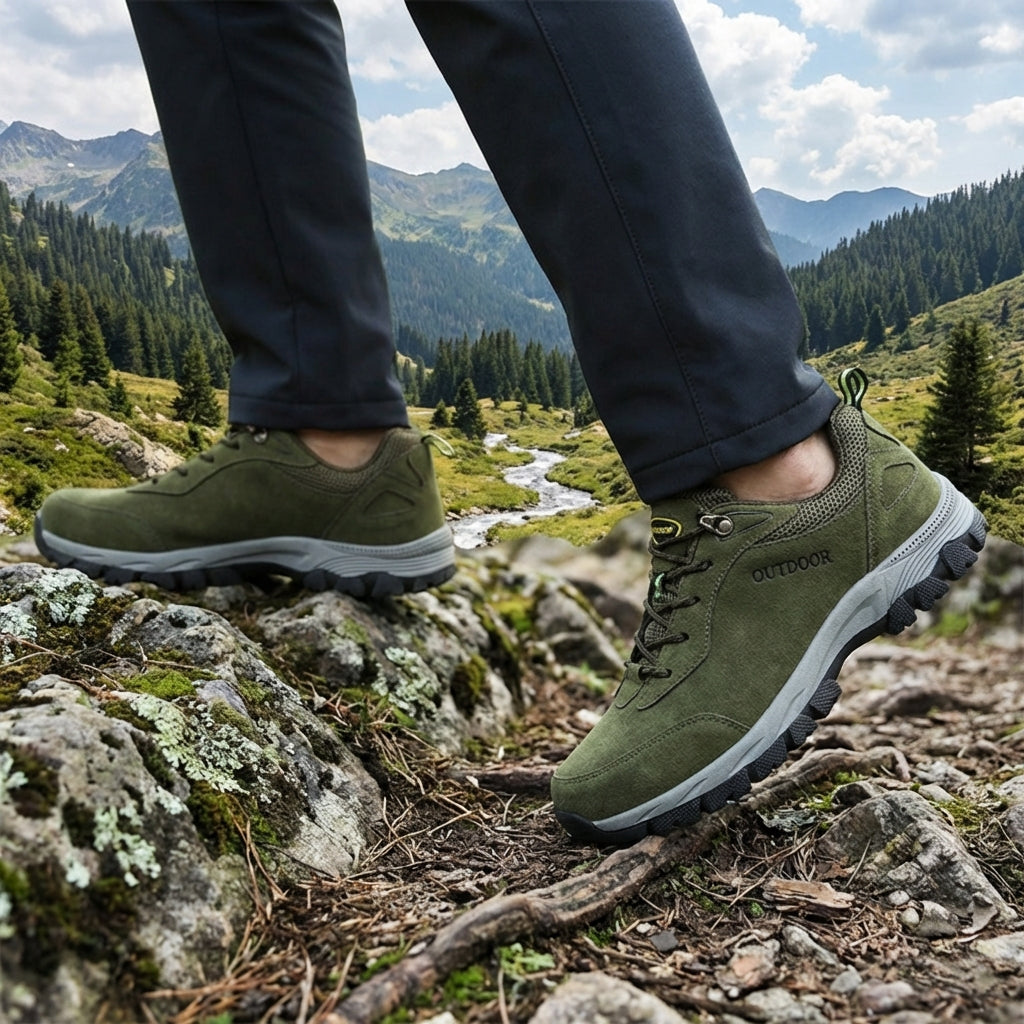 Orthopedische heren wandelschoenen, grijs/zwart, bieden comfort en ondersteuning tegen voetpijn, met stevige grip.