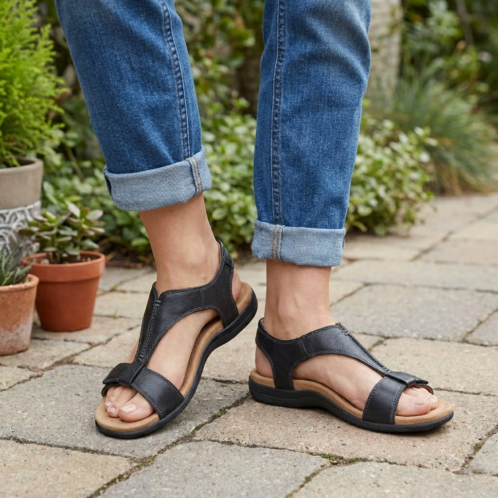 Orthopedische zomersandalen voor dames, verstelbaar, met voetondersteuning en stijlvol design.