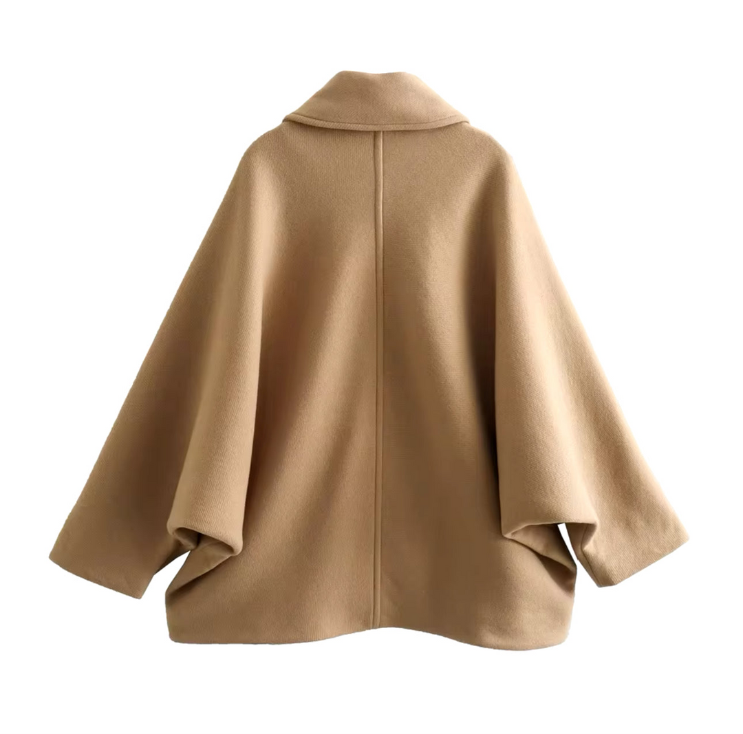 "Oversized damesjas in wolmix, trendy bruine beige en zwarte kleuren met knopen en zakken, perfect voor winterlagen."