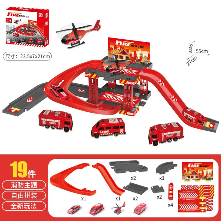 "Parkeerbaan bouwset met politieauto's en dinosaurussen voor kinderen, kleurrijk en creatief speelgoed."