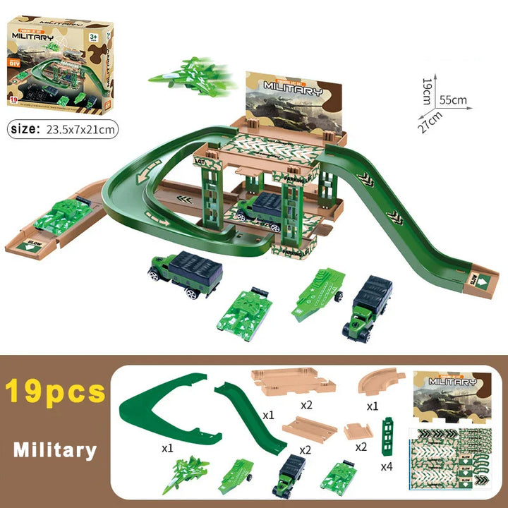 "Parkeerbaan bouwset met politieauto's en dinosaurussen voor kinderen, kleurrijk en creatief speelgoed."