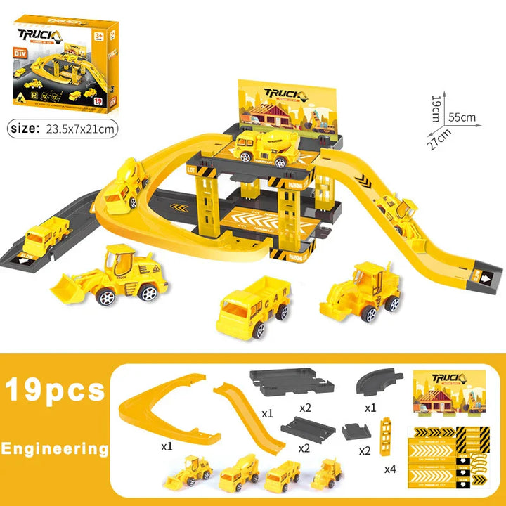 "Parkeerbaan bouwset met politieauto's en dinosaurussen voor kinderen, kleurrijk en creatief speelgoed."