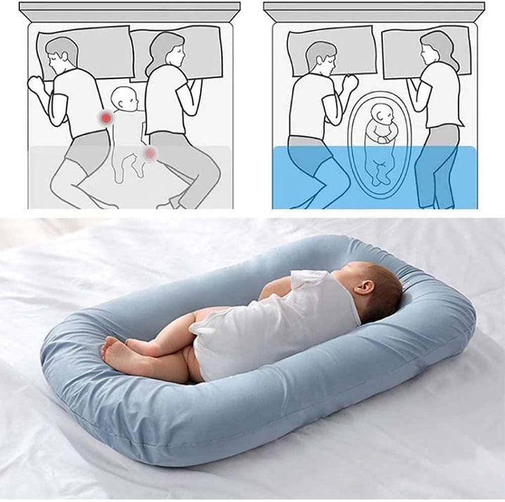 "Pastel baby lounger kussen van zacht katoen, veilige nest voor baby's 0-24 maanden, ademend en ergonomisch ontwerp."