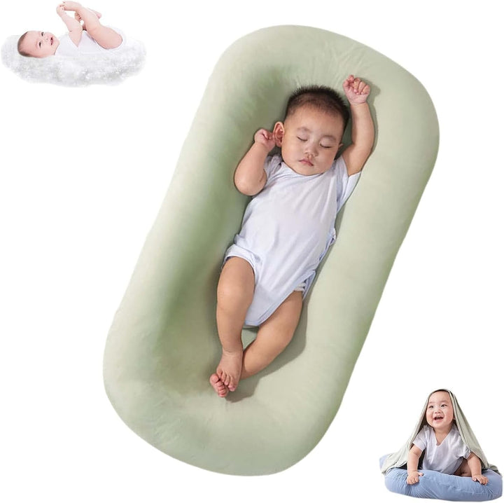 "Pastel baby lounger kussen van zacht katoen, veilige nest voor baby's 0-24 maanden, ademend en ergonomisch ontwerp."