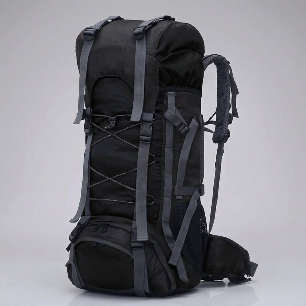 Zijaanzicht Pathward grote rugzak met compressiebanden; stabiel en compact voor lange wandeltochten.