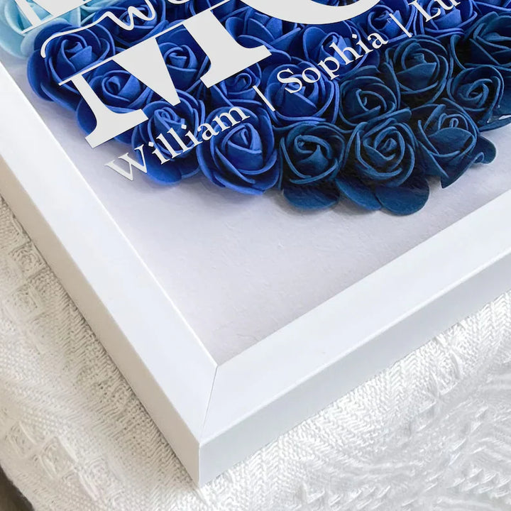Gepersonaliseerde shadowbox met familienamen, ideaal Moederdag cadeau. Handgemaakte decoratie voor interieur.