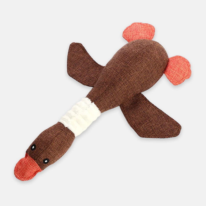 Pluche eend, een vrolijk hondenspeeltje en onmisbaar in de dierbenodigdheden collectie voor honden