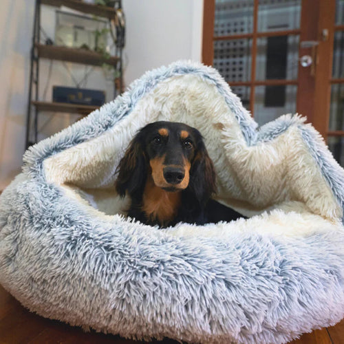 Pluche honden knuffelbed met grotfunctie, zacht en kalmerend voor angstige honden. Warm en comfortabele slaapplek.