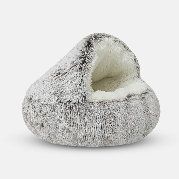 Stijlvol grijs kalmerend grotten hondenbed, zacht pluche kussen voor angstige honden, past in elk interieur.
