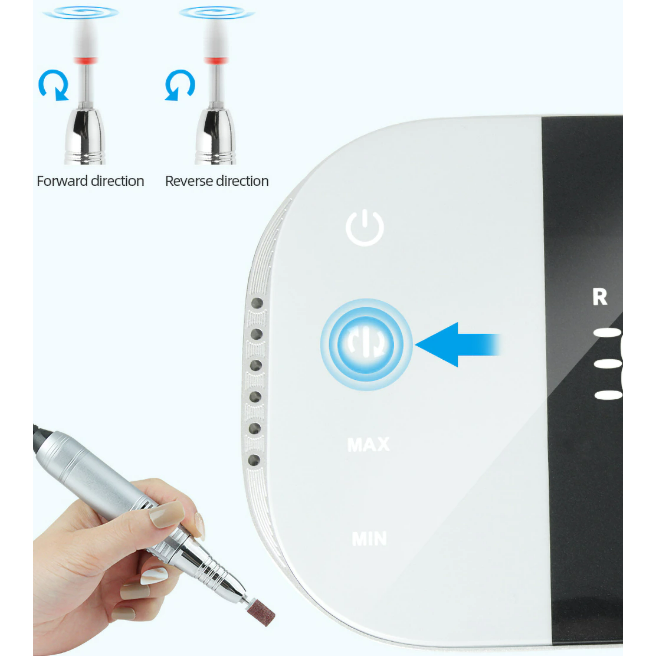 Ergonomische elektrische nagelvijl in actie tijdens een professionele manicure behandeling.