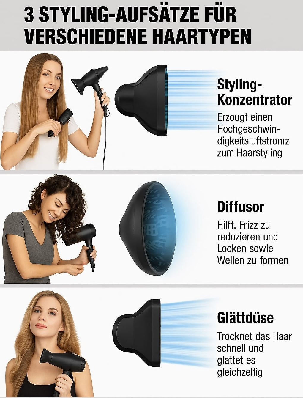 Veelzijdige haardroger met opzetstukken; snelle, gezonde haarverzorging en professionele styling.