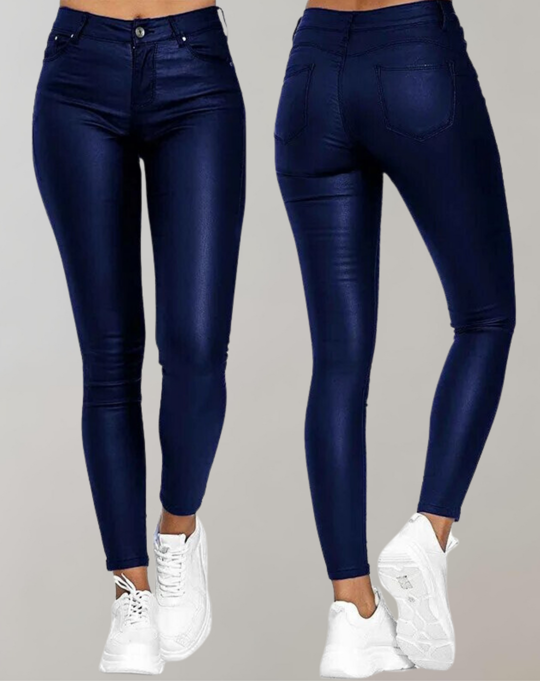 "PU-leer high-waist skinny broek voor dames; elegante look, frontaal aanzicht, hoge taille en smalle pasvorm."