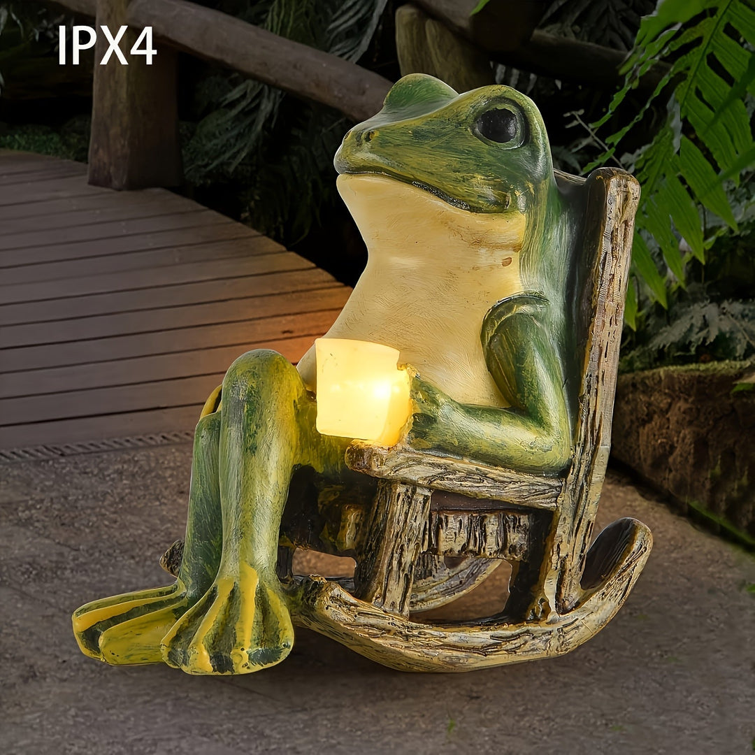 Weerbestendig kikkerbeeld met solar LED voor een ontspannen sfeer in de tuin. Ideaal als tuindecoratie.