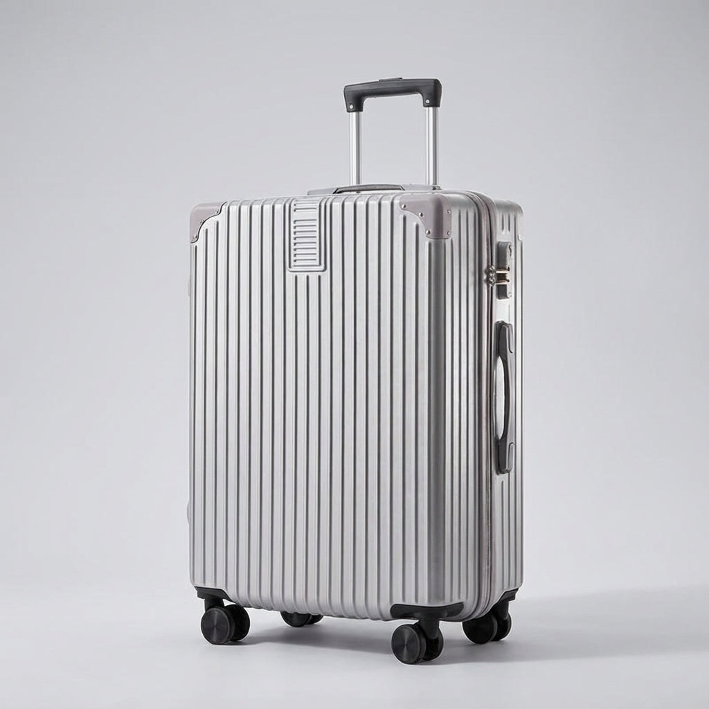 Stijlvolle retro trolley koffer met metalen hoekbescherming en 360° soepele wielen, ideaal voor vakantie.