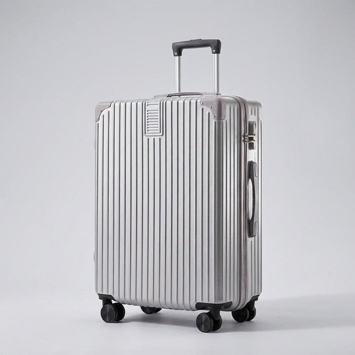 Stijlvolle retro trolley koffer met metalen hoekbescherming en 360° soepele wielen, ideaal voor vakantie.