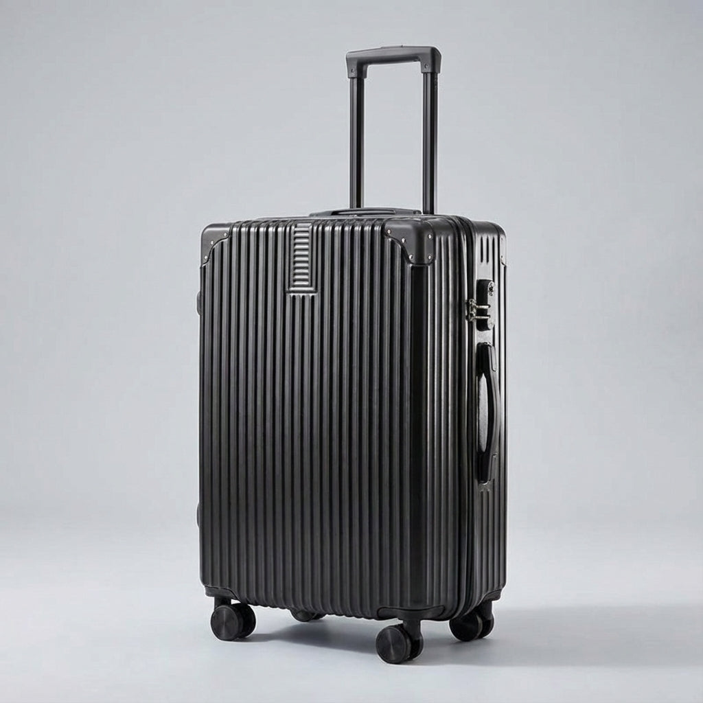 Retro stijl koffer van Casevo met geïntegreerd cijferslot, hoekbescherming en makkelijk rollende wielen.