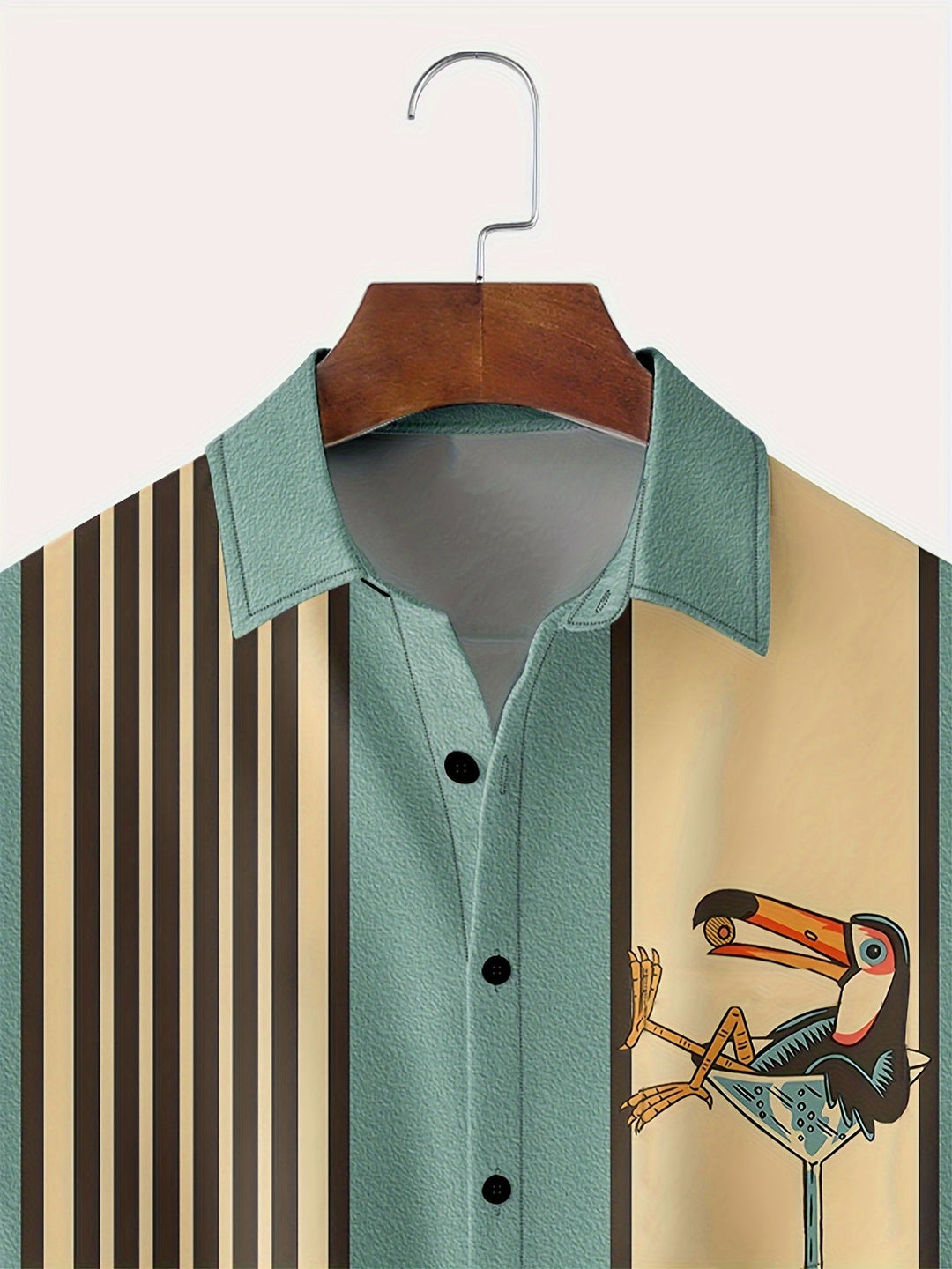 "Retro gestreept herenoverhemd met vogel-in-wijnglazen print, korte mouwen, ademend katoen, nostalgische look"