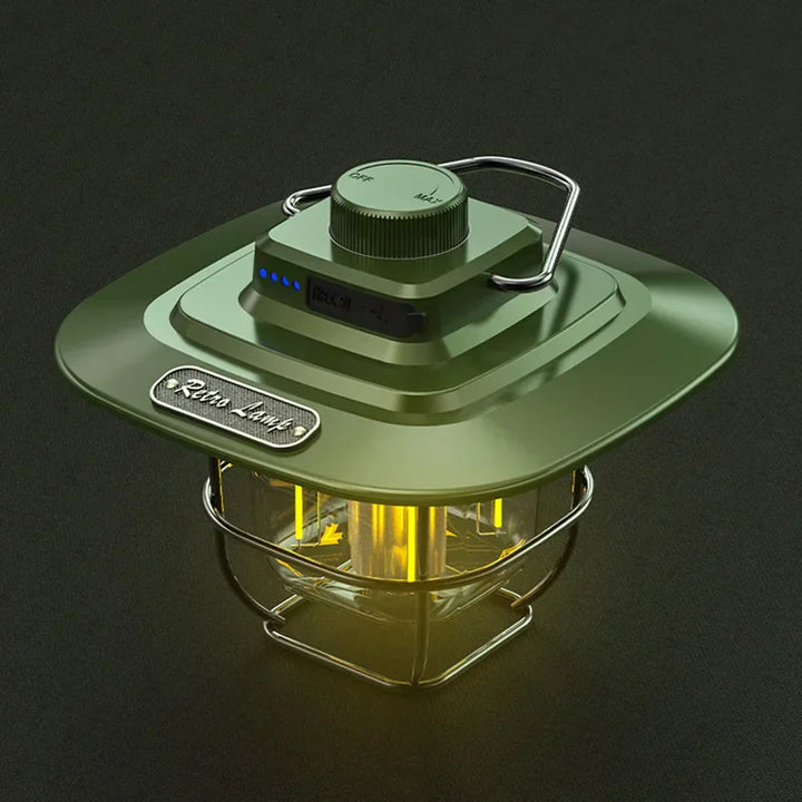 Retro oplaadbare LED kampeerlantaarn met handvat, ideaal voor sfeervolle verlichting op camping.