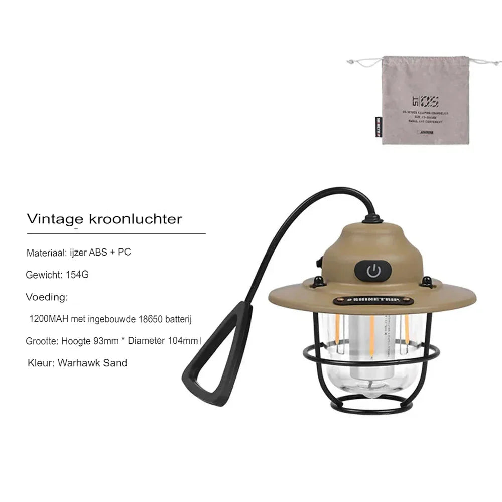 De retro LED kampeerlantaarn met dimbare functie voor aanpasbare lichtintensiteit.