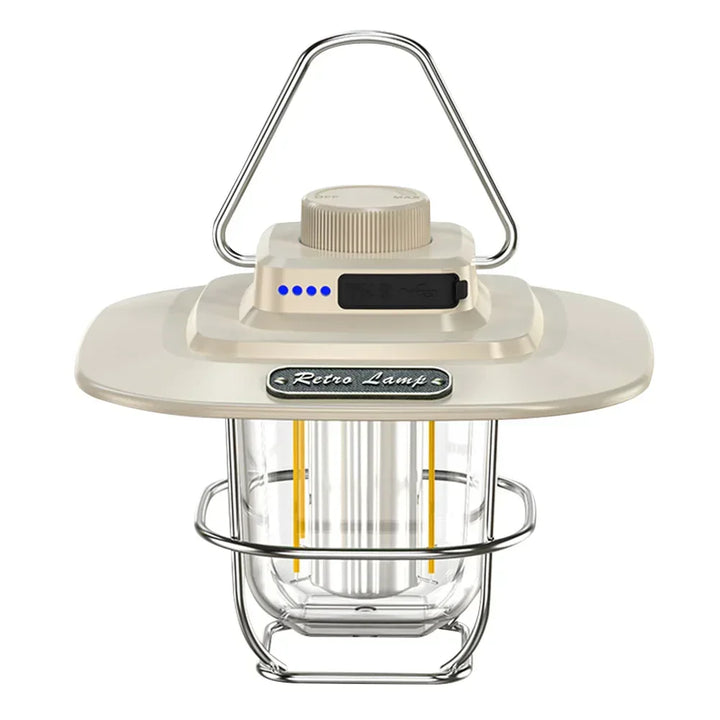 Vintage design oplaadbare LED buitenlamp, met bronskleurige afwerking en metalen handvat.