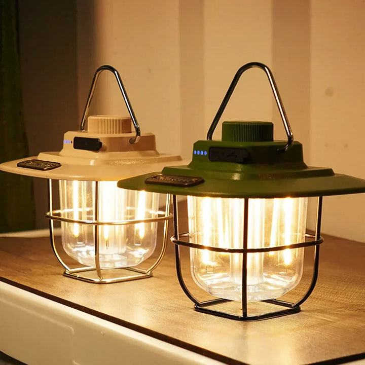 Draagbare retro LED lantaarn met stevig handvat, gemakkelijk mee te nemen voor camping of tuin.