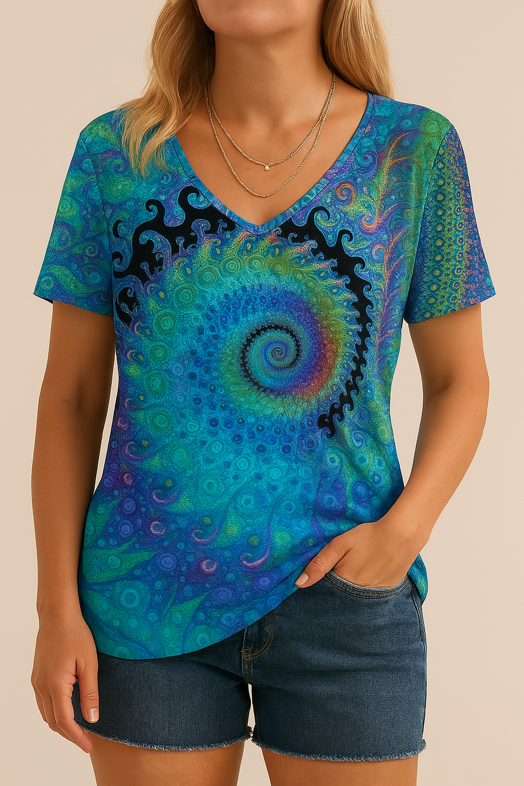 "Retro V-hals dames T-shirt met zachte polyester stof en kleurrijke retroprint voor unieke stijl en comfort."