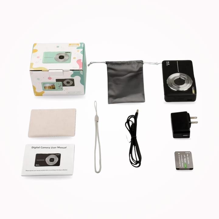 Compacte RetroSnap digitale camera in hand, klaar voor point-and-shoot fotografie onderweg. Perfect voor lifestyle.