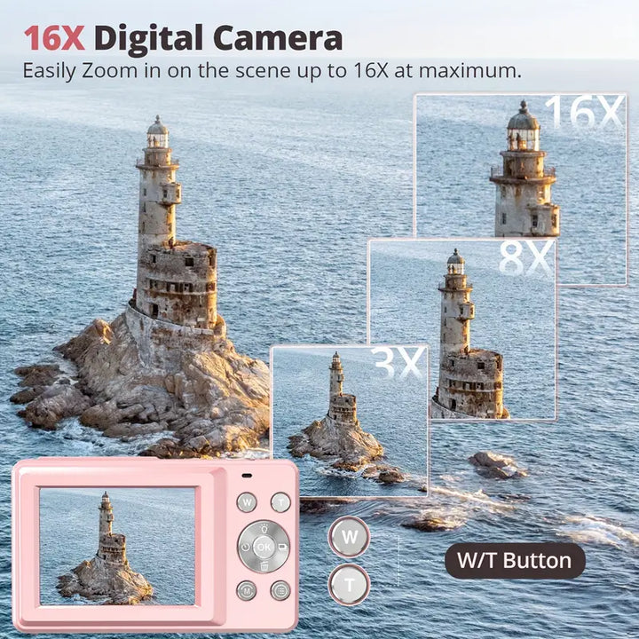 Achterkant RetroSnap compact camera met scherm, toont een foto, perfect voor direct resultaat.