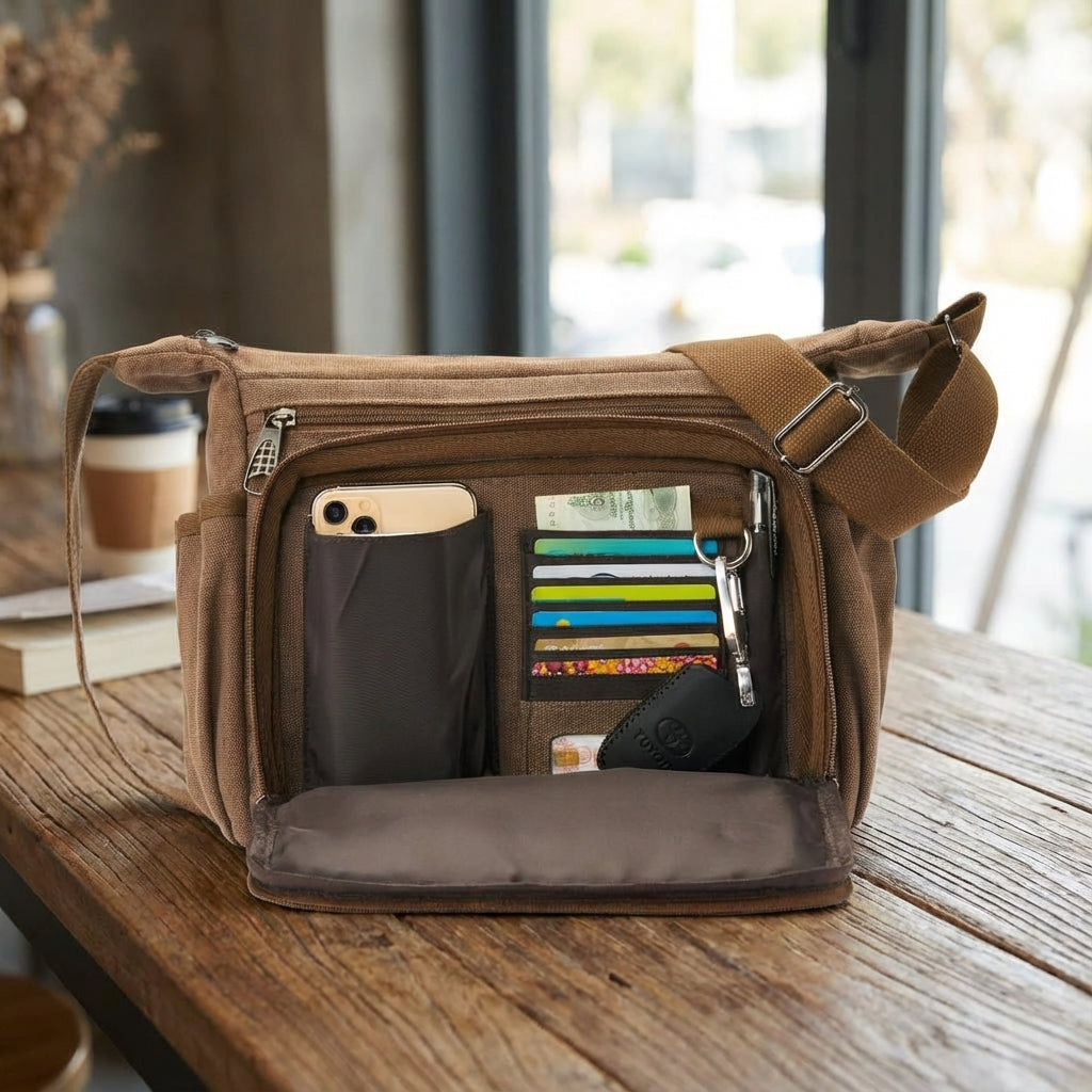RFID blokkerende SecureCanvas messenger tas, veilig en georganiseerd voor laptop en essentials.